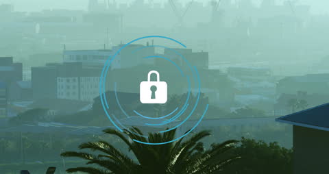 Cybersecurity Icon Overlay Digital Urban Background