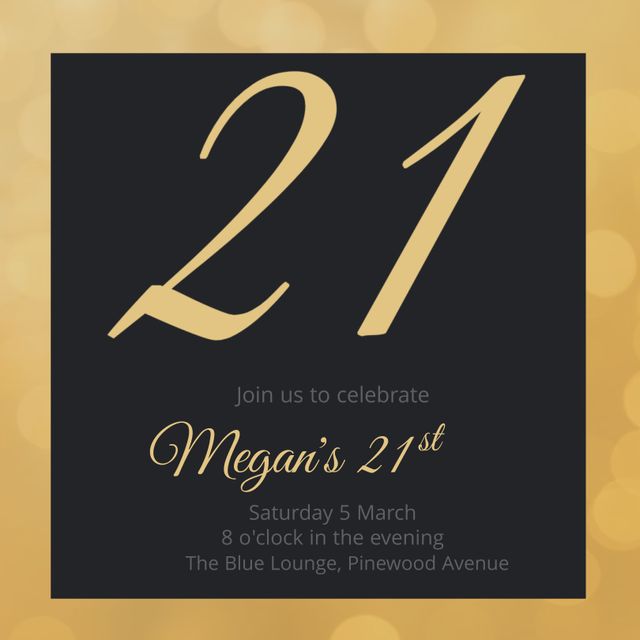 This elegant black and gold 21st birthday invitation features sophisticated gold text on a black background, perfect for formal events and milestone celebrations. The classy design is ideal for attracting guests to a birthday party at an upscale venue. Suitable for printing or digital use, it reflects a chic and stylish way to announce the special occasion.