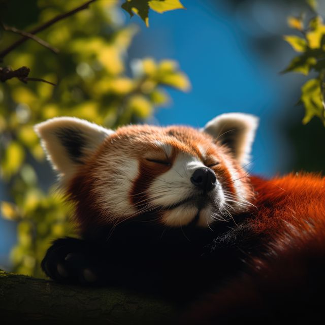 Red panda is enjoying a nap on a tree branch surrounded by fresh green leaves. The close-up shot highlights its furry red and white face, conveying a serene and relaxed atmosphere. This image is ideal for wildlife enthusiasts, nature documentaries, animal-themed blogs, relaxation and meditation visuals, and educational content about pandas.