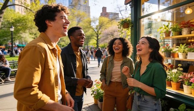 Laughing young adults chatting outside urban flower shop on sunny spring day