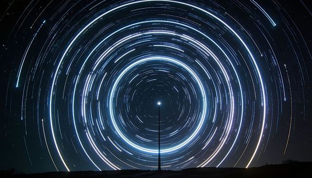 Concentric star trail rings rotating around celestial pole over silhouetted mast