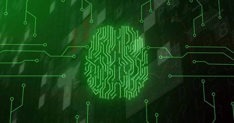 Pulsing neon brain circuit glowing on cyber analytics dashboard with network traces