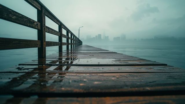 Misty pier extending into foggy distance with reflection