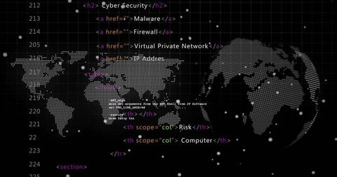 Dotted world map and 3D globe pulsing on cyber dashboard with code overlay and neon grid