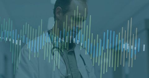 Doctor in Hospital with Digital Data Overlay Analyzing Medical Trends