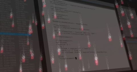 Neon Binary Overlay on Programmer Terminal in Futuristic Multi-Monitor Workstation