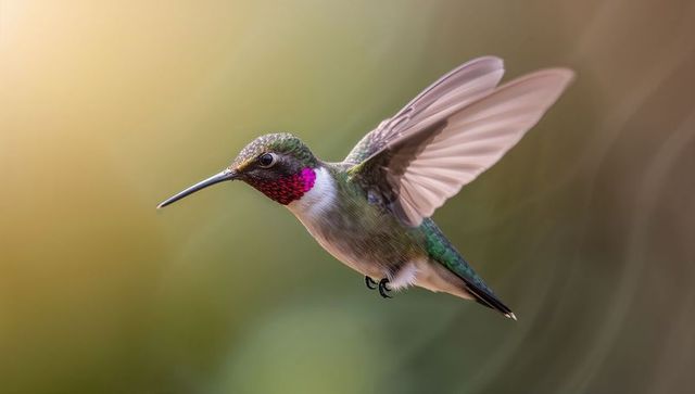 Hovering Hummingbird with Iridescent Green Back and Magenta Throat in Warm Sunlight