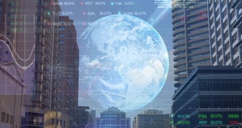 Global finance overlaying city skyline with translucent earth and stock market tickers