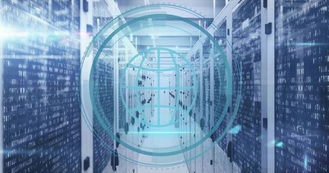 Futuristic data center with globe network icon overlay