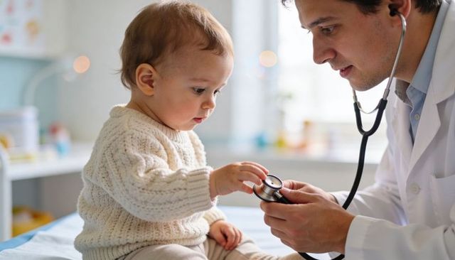 Pediatrician examining curious infant touching stethoscope during gentle wellness check