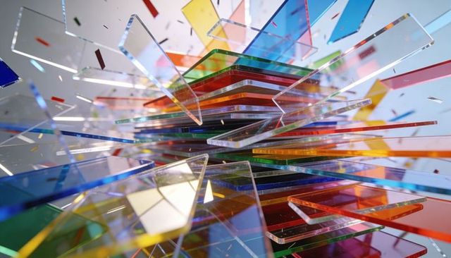 Radiating stacked colored acrylic panes creating vibrant translucent geometric explosion