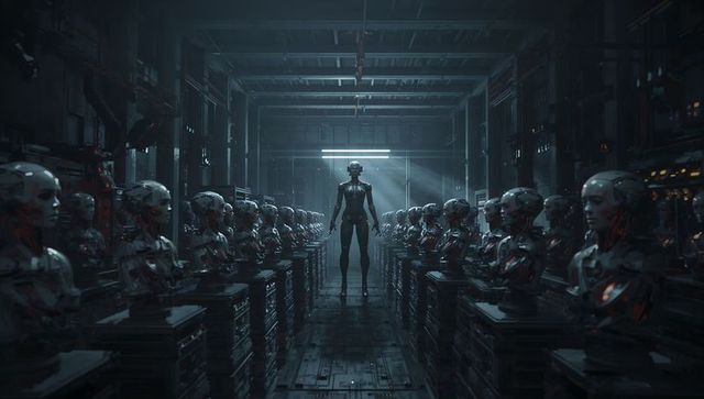 Android sentinel standing in industrial robotics hall surrounded by rows of robotic busts