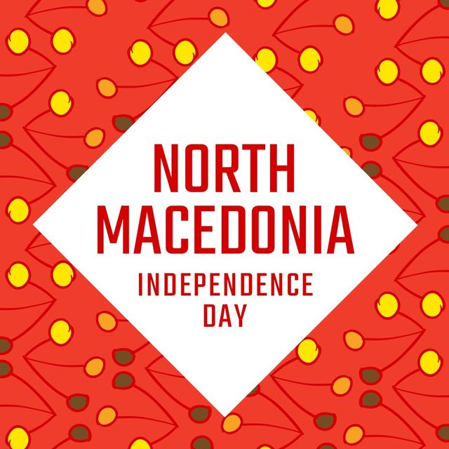 Illustration featuring 'North Macedonia Independence Day' text on white square over red background with colorful scribbles. Ideal for promotional materials, national holiday events, marketing campaigns, and cultural celebrations.