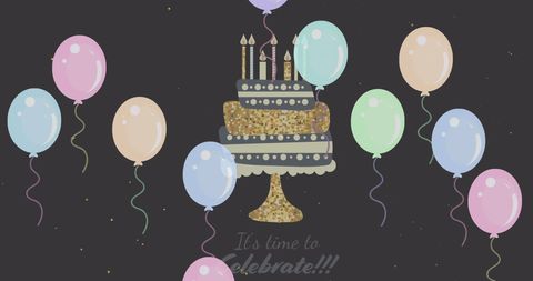 joyful birthday scene features a sparkling birthday cake with lit candles at the center. a variety of colorful balloons with subtle pastel hues brighten the dark background, adding to the festive mood. suitable for birthday party invitations, digital greeting cards, or social media posts celebrating someone's special day with elegance and joy.