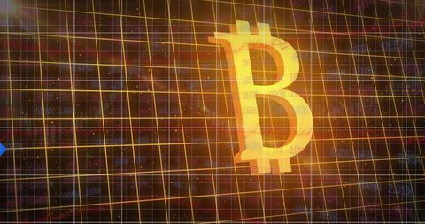 Bitcoin symbol overlaid on merging data streams