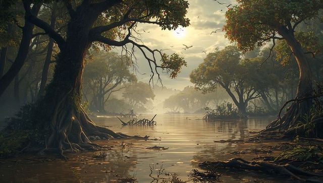 Misty swamp dawn with gnarled cypress trunks and birds in flight