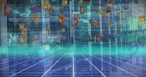 Futuristic virtual space with app icons and data streams