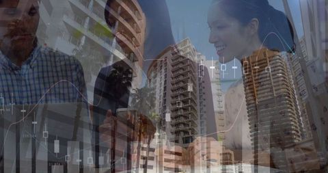 Business collaboration and digital analytics with cityscape overlay