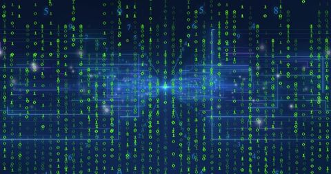 Streaming green binary code cascading through neon cyber grid with blue data flare
