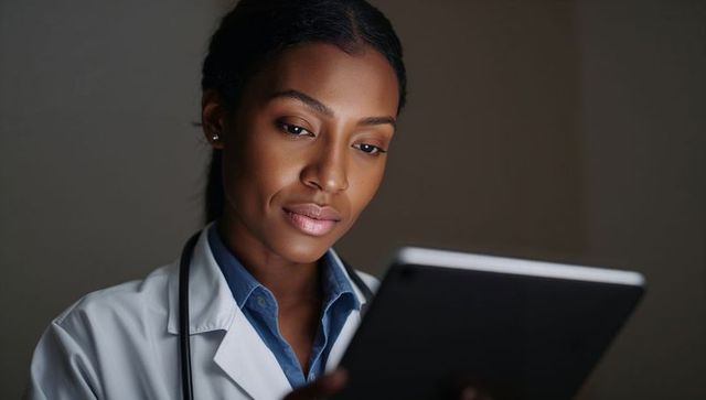 Physician reviewing patient data on tablet in low light for telemedicine and diagnostics