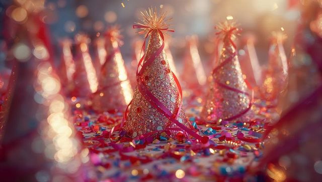 Glittering party hats and confetti celebration scene