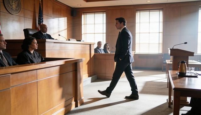 Walking attorney in sunlit courtroom approaching judge bench during trial proceedings