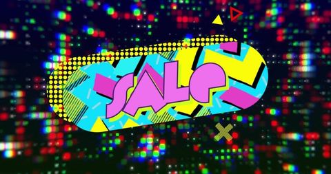Vibrant sale banner with neon geometric design over digital background