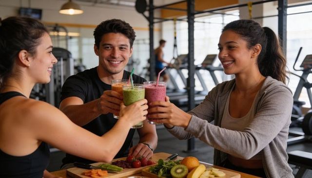 Clinking post-workout smoothies with fresh fruit spread in bright gym lounge