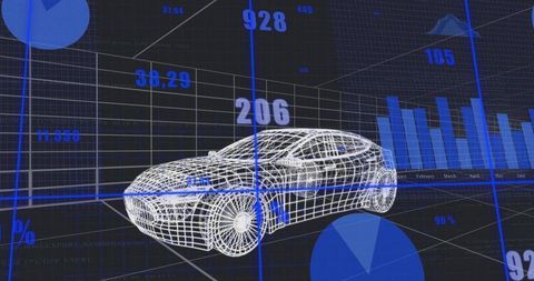 Wireframe Sedan Hovering over 3D Data Grid Showing Blue Analytics and Bar Charts