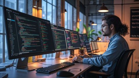 software developer analyzing complex code on multiple monitors - Download Free Stock Images Pikwizard.com