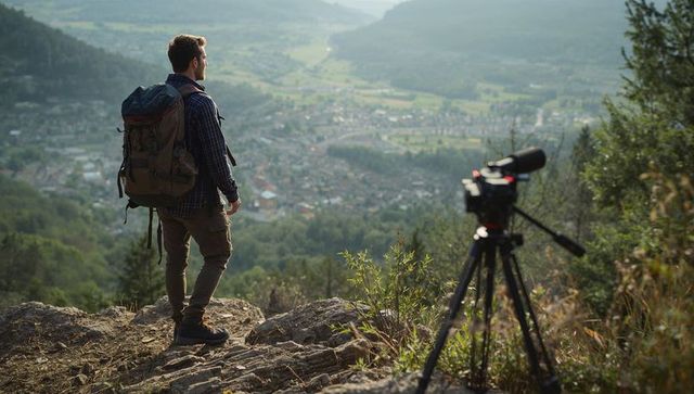 Hiker-filmmaker surveying valley from mountain ridge with camera tripod and backpack