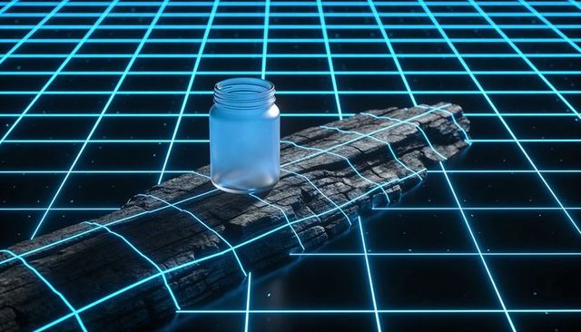 Frosted glass jar sitting on charred wood over neon cyan grid with futuristic glow