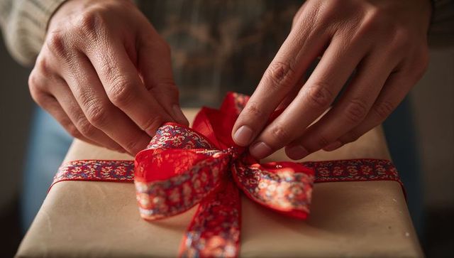 Crafting beautiful bow on festive gift