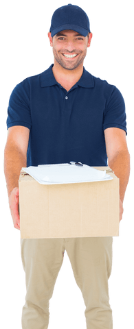 Transparent courier delivering parcel with smile