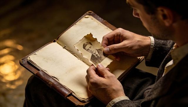 Man holding torn sepia portrait in leather album evoking nostalgia and family memory
