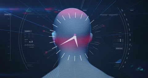 Futuristic biometric avatar projecting analog clock HUD with neon neural interface data