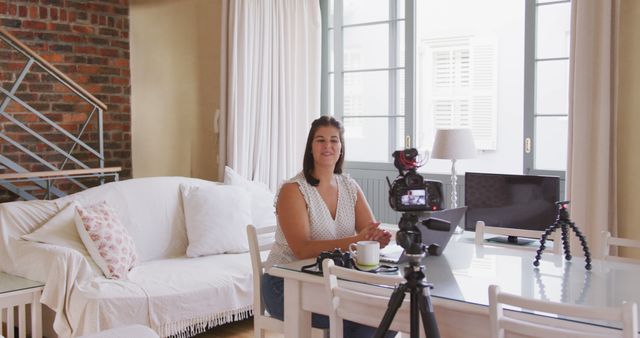 Woman Recording Video at Home in Bright Living Room - Download Free Stock Images Pikwizard.com