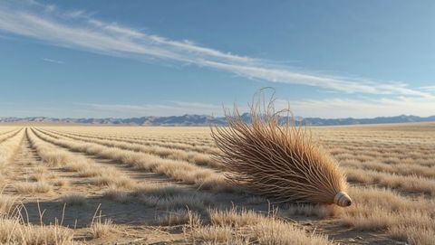 Giant tumbleweed in arid landscape under serene sky