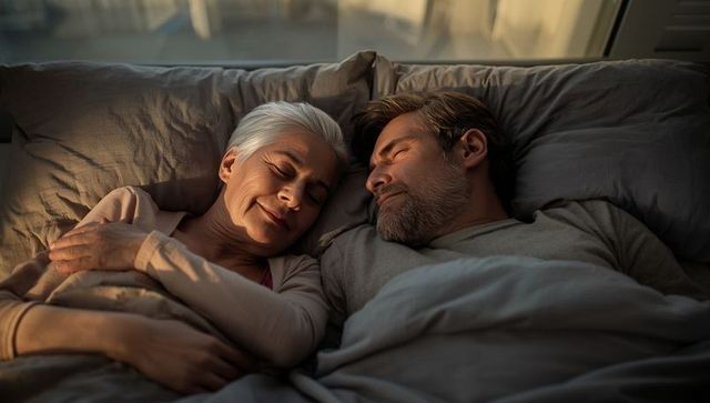 Senior Woman and Middle-aged Man Sleeping Comfortably Together in Bed
