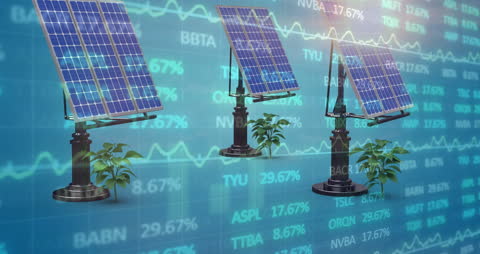 Solar Panels with Financial Data Overlaying Digital Animation