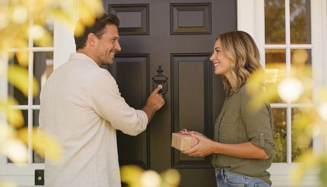 Couple greeting at front door knocking and exchanging gift on sunlit suburban porch