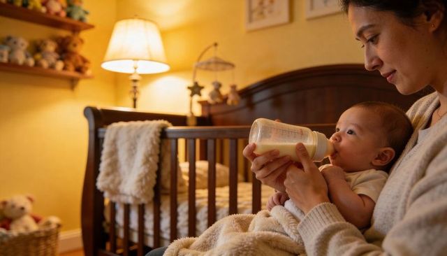 Mother feeding newborn with bottle in cozy wooden nursery, soft blanket and warm lamp glow