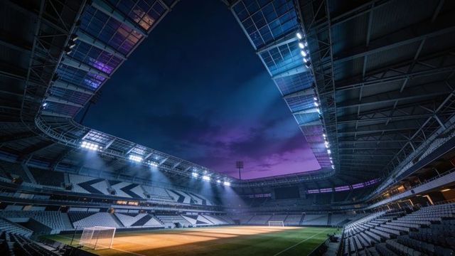 Stadium under twilight floodlights showcasing empty soccer pitch and dramatic sky
