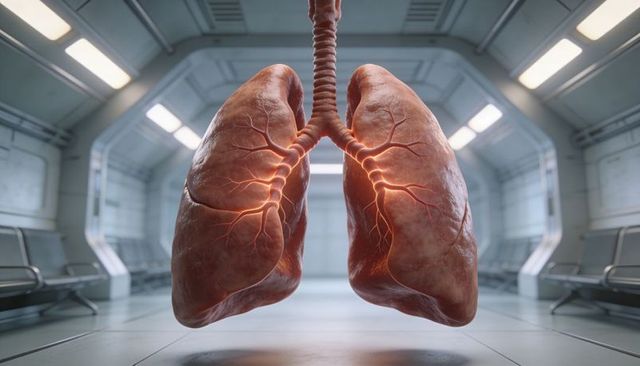 Futuristic floating human lungs with illuminated bronchial network in sterile lab bay