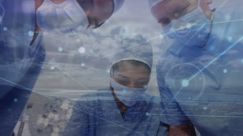 Medical Experts Analyzing Data with Futuristic Technology Overlay