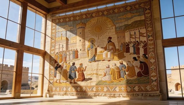 Sunlit near eastern royal court tapestry hanging in stone hall with woven throne scene