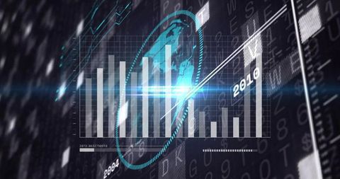 Futuristic holographic data dashboard with translucent bar chart and global analytics ui