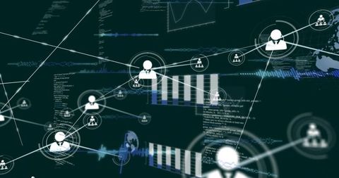 Central avatar expanding and connecting nodes, visualizing corporate network analytics