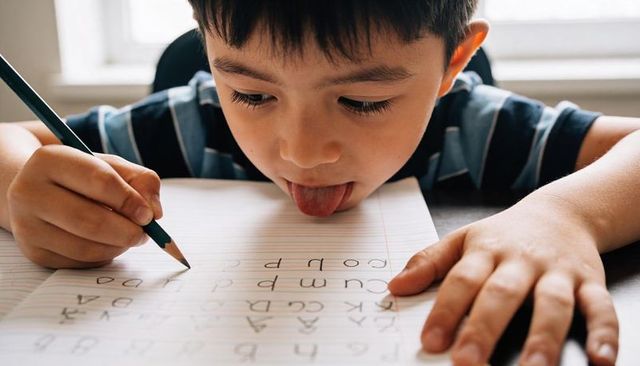 Young boy practicing handwriting with focused pencil grip and sunlit lined workbook