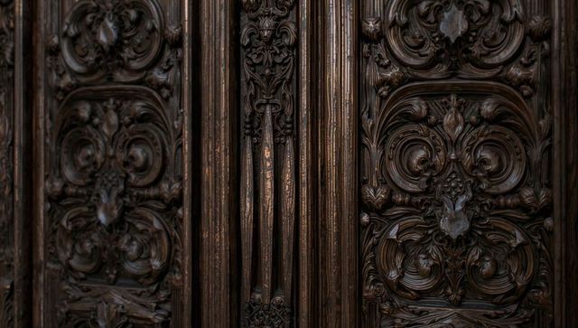 Displaying carved dark oak panels with central pilaster and ornate floral scrollwork